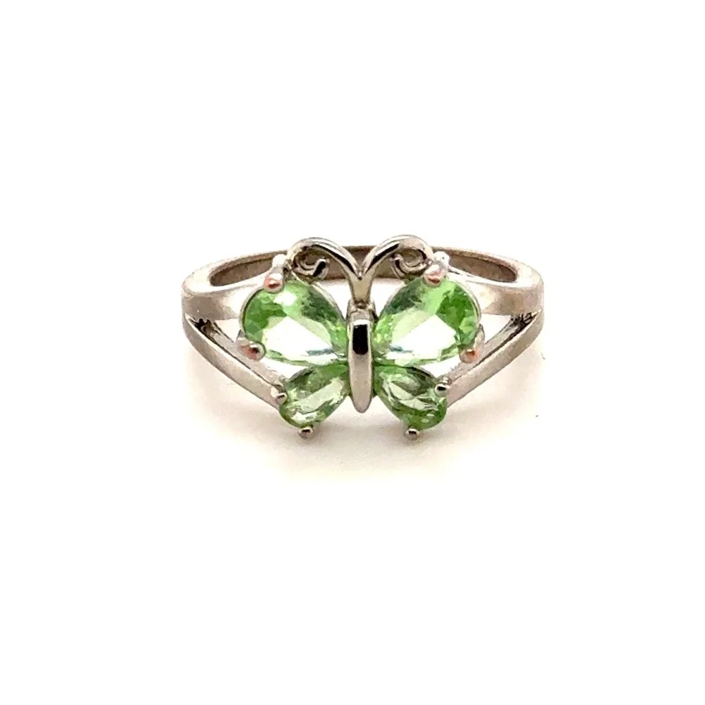 Silver Tone Light Green Stone Butterfly Ring Size 8 Split Band Peridot Style